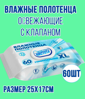 Влажные полотенца очищающие универсальные, 60шт с клапаном 170 х 250 1/15