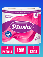 Туалетная бумага Plushe Супер Формат 2 слоя, 4 рулона, 15метров, белая 1/12